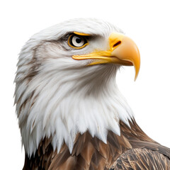 Fototapeta premium Bald eagle in flight with black background showcasing its powerful wings and sharp beak isolated on transparent background.