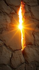 Naklejka premium A warm, golden light seeps into the cracks of a weathered stone wall, stone, atmosphere, light