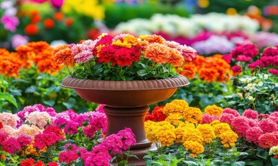 Naklejka premium Colorful flowers in a pot within a vibrant garden setting, ideal for spring themes