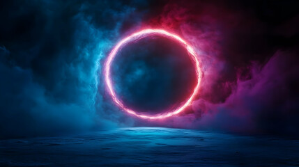A mesmerizing circular neon glow surrounded by swirling clouds of color, creating a mystical and vibrant atmosphere.
