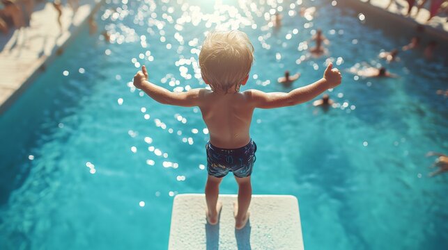 Child showing thumbs up while standing on diving board at swimming pool