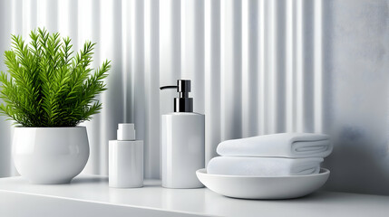Fototapeta premium A minimalistic bathroom shelf displaying greenery, clean towels, and modern toiletries for a refreshing ambiance.