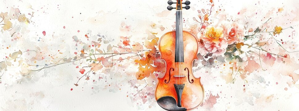 Artistic watercolor illustration of a violin surrounded by flowers and autumn leaves for music lovers or art enthusiasts