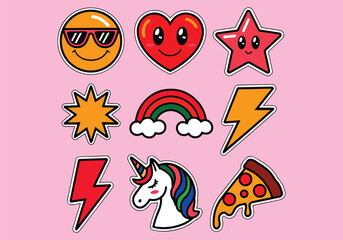 Set of 9 Fun Colorful Sticker Icons with Unicorn, Heart, Pizza, Rainbow, and Lightning