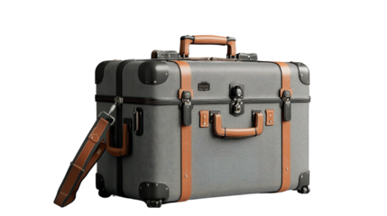 Gray suitcase with brown straps on a white background for travel and luggage concepts isolated on transparent background.