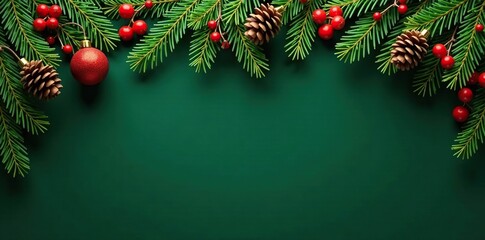 Naklejka premium A dark green background with an evergreen wreath and hanging garland of pinecones and berries, festive holiday, fir, seasonal