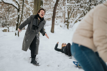 Friends laughing and playing in the snow during a lively winter day, enjoying outdoor activities...