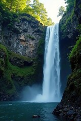 An isolated waterfall cascading down steep rock, empty, tranquil, calm