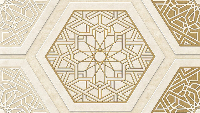 Hexagonal geometric pattern with a central star-like motif in gold and white, resembling intricate Islamic art.