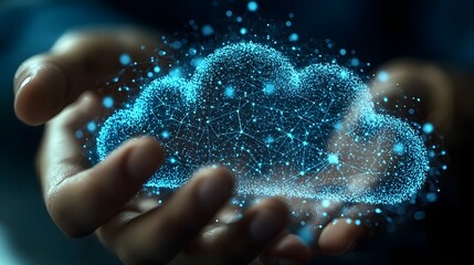 Innovative Professionals Collaborating Over Holographic Cloud Network in Modern Office