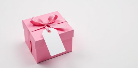 Obraz premium Pink gift box with a blank tag on white background, unopened, packaging, minimalist