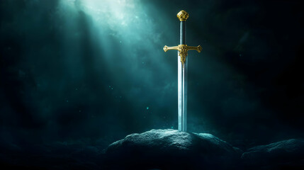 Naklejka premium A mystical sword stands tall on a rock, illuminated by ethereal light, symbolizing power and magic in a fantasy realm.