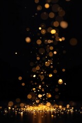 Golden confetti and sparks in the air during a nighttime celebration, celebrations, raining, black background