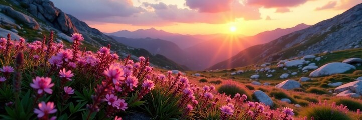 Fototapeta premium Pink heather blooms in a rocky alpine meadow at sunset, landscape, sunset, alpine