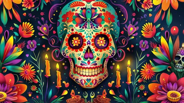Colorful Dia de los Muertos artwork with flowers, skulls, and decorative elements on a dark background Day of the Dead. AI