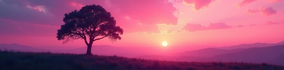 Fototapeta premium Soft pink hues of sunset behind a single tree, forest, trees