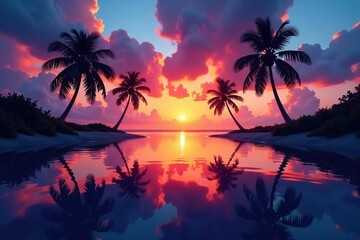 Silhouetted coconut palm trees reflected in calm water at twilight, trees, water