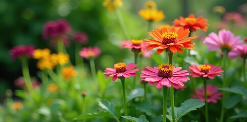 Callistemenon flowers in a garden with other plants, foliage, mixed greens, flowers