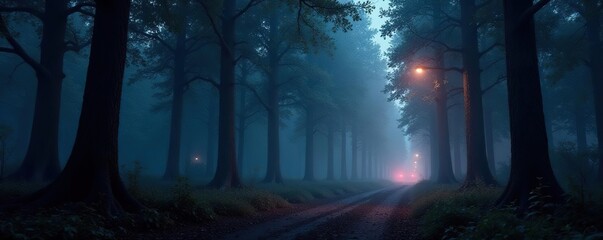 Obraz premium A dark and mysterious forest with strange lights, eerie, lights