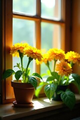 Fototapeta premium Calendula's intricate details on a sunny windowsill, yellow, flowers,