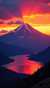 Sunset over Lanin Volcano and the Andes mountains with Lake Villarrica in foreground, Andes Mountains, Lanin Mountain, Volcano