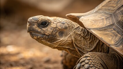 Obraz premium Close-up of a Tortoise: A detailed shot of a tortoise reveals its textured shell and focused gaze, showcasing the ancient reptile in its natural form.