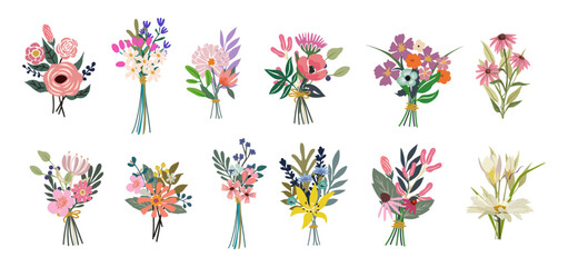 Set of different beautiful bouquets with garden and wild flowers. Collection of various blooming plants with stems and leaves. Cartoon colorful vector illustrations isolated