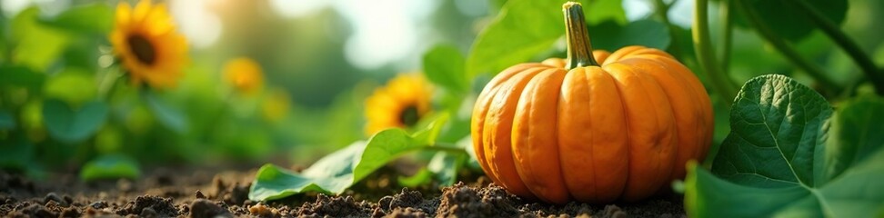 Obraz premium Low-angle shot of a pumpkin and sunflower plant with leaves and vines, leaves, lowangle