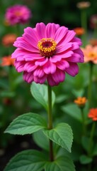 Pink giant zinnia flowers in a lush garden with other colorful flowers, pink, leaves, garden