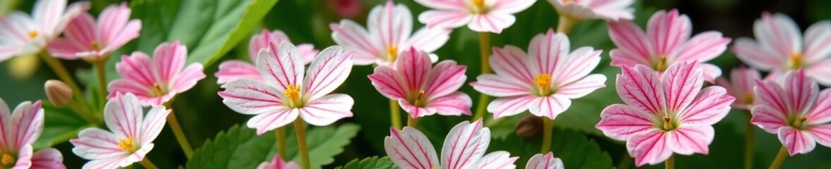 Fototapeta premium White and pink striped leaves with flowers on Tiarella Candy Stripe, petioles, leaves, plants