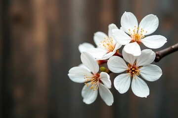 Obraz premium White apricot blossoms in a loose arrangement against wood, delicate, loose