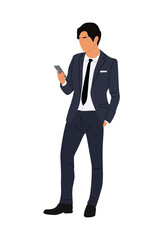 Businessman character. Handsome young man wearing formal suit standing, using phone, texting, chatting. Vector realistic illustration isolated