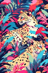 Obraz premium Two leopards among tropical leaves artwork pattern. Wild cats in exotic jungle with palm foliage. Bright neon pink and turquoise colors artistic illustration for textile design
