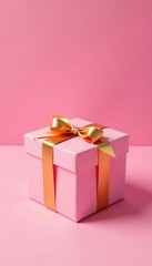 Fototapeta premium Pink gift box wrapped in gold ribbon on a pink background, gift box, gift wrapping, gold bow