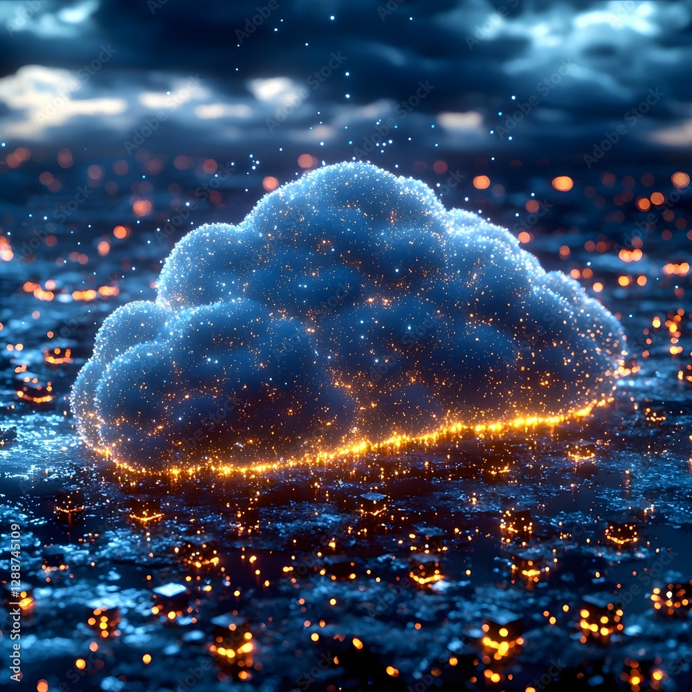 Poster secure and glowing cloud data storage in minimalist cube design