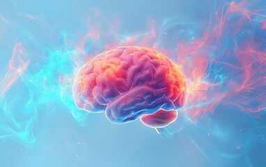 Fototapeta premium Human brain at the center with a light blue background, vibrant colorful patterns and dynamic shapes representing neural connections, intellectual energy, highresolution, 8K UHD