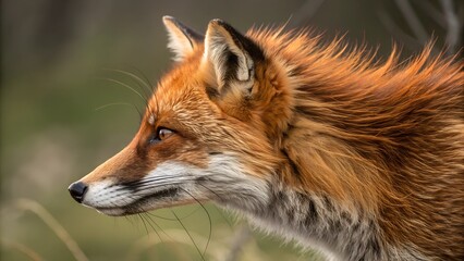 Fototapeta premium Vivid Portrait of a Red Fox: A close-up shot captures the striking features of a red fox in its natural habitat, showcasing its intelligent eyes and fiery fur.