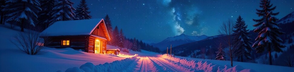 Fototapeta premium Caminetto con fuoco acceso e una notte stellata nella campagna invernale, notte, stelle, caminetto