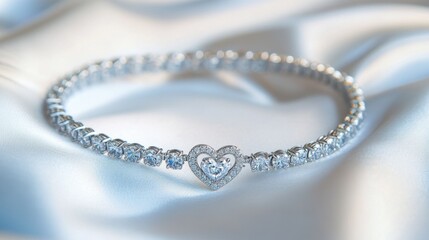 A diamond bracelet with an elegant heart-shaped charm, beautifully arranged on a white satin cloth.