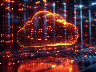 Glowing Server Room with Floating Holographic Cloud Data Streams Showcasing Innovation and Precision in Cloud Computing