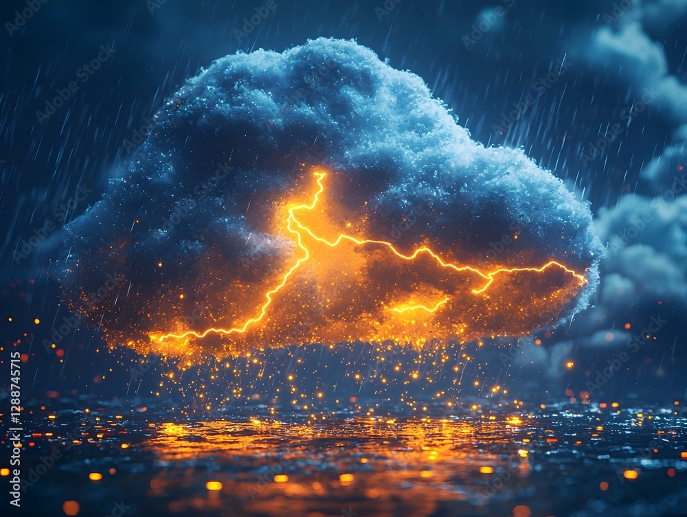 Poster glowing cloud with lightning shaped data streams signifying powerful cloud computing capabilities