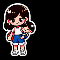 Happy Mother and Child Cartoon Illustration, Cute Mommy and Baby Stickers