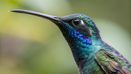 Fototapeta premium Jewel-Toned Hummingbird: A captivating macro shot highlights the vibrant plumage and intricate features of a hummingbird, showcasing the bird's exquisite details in a natural setting.