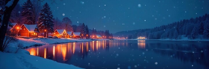 Fototapeta premium Snowy night scene with Christmas lights behind a frozen lake, twinkling lights, festive atmosphere