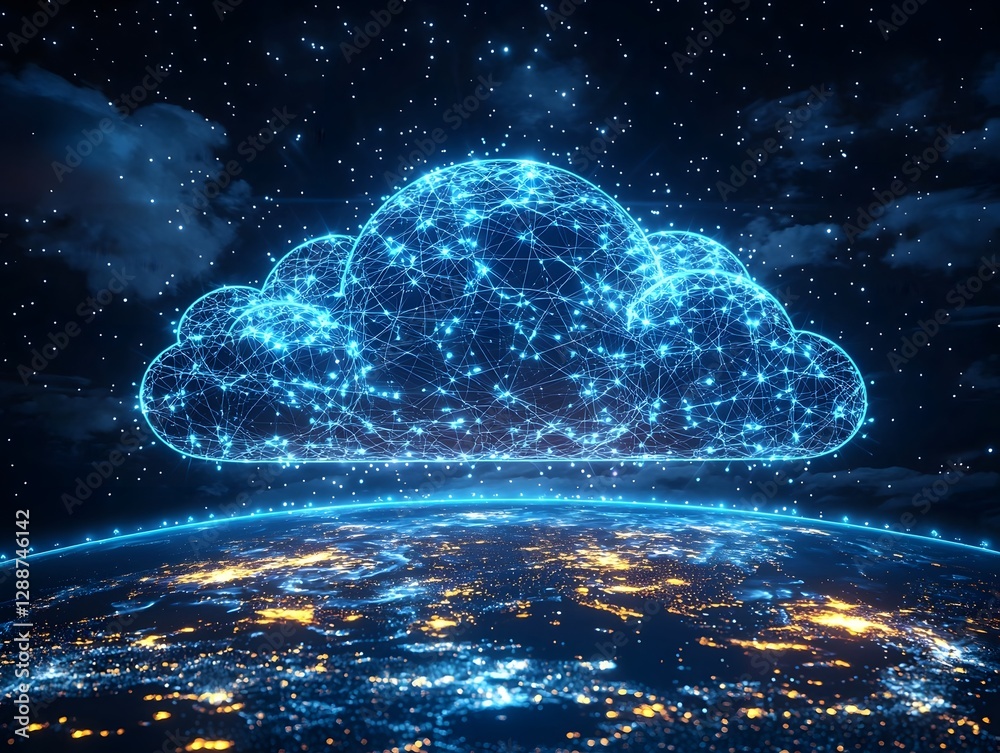 Poster vibrant interconnected cloud network symbolizing global cloud computing infrastructure