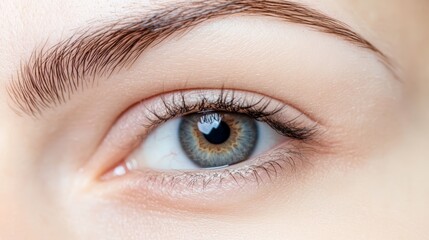 Obraz premium Macro close up of beautiful female green eye with extremely long eyelashes, perfect eyebrow and healthy skin is showing perfect vision and cosmetology