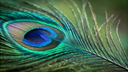 Obraz premium Peacock Feather's intricate beauty in close-up: A mesmerizing macro shot unveils the iridescent detail of a peacock feather, displaying vibrant hues and intricate patterns.