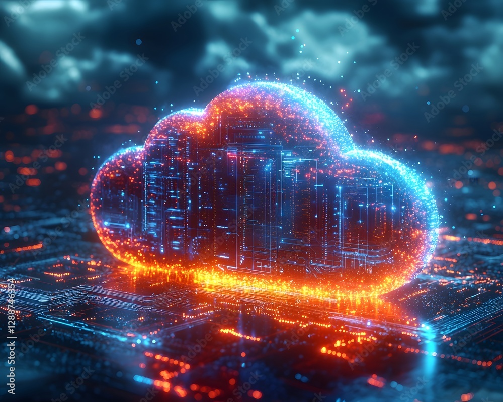 Poster futuristic glowing data center with holographic cloud projection and animated data trails cloud comp