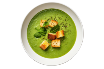 Overhead view of a bowl of spinach soup with a vibrant green color, surrounded, isolated on white background