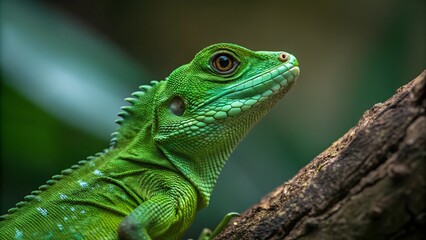 Fototapeta premium Emerald Gaze: A close-up shot of a vibrant green Chinese Water Dragon, perched gracefully on a textured branch, its piercing eyes conveying a sense of ancient wisdom.